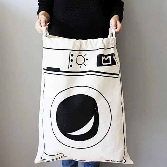 Foto: Allernieuwste nl waszak met wasmachine print wasgoed opbergtas met trekkoord badkamer was zak laundry bag wit zwart 65 x 47 cm