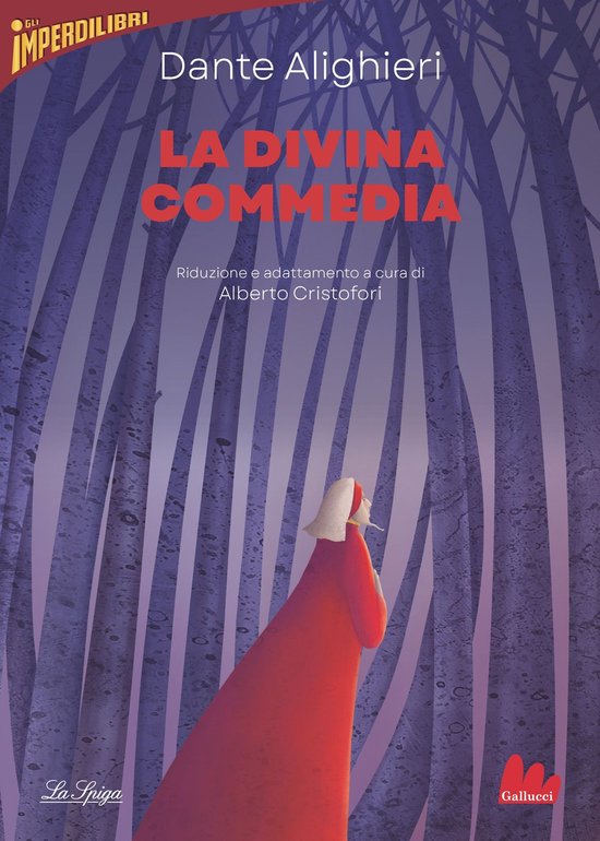 Boekomslag: La Divina Commedia, een silhouet in rood gekleed kijkt omhoog in een bos met paarse bomen.