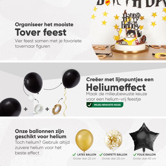 Zwarte ballonnen met tape, lijmpunten en lint. Geschikt voor helium.