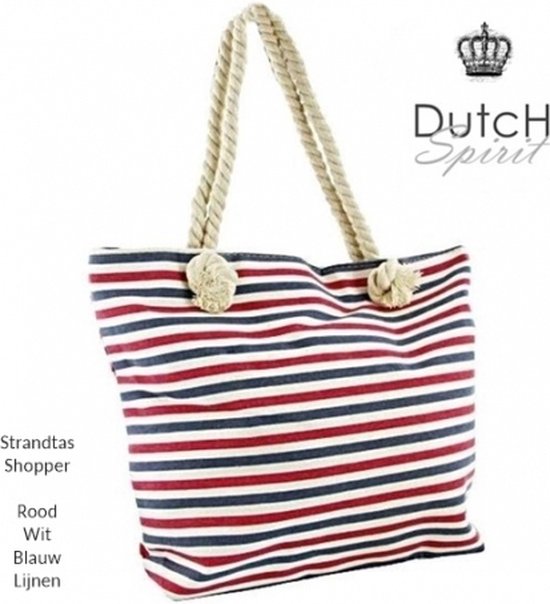 Dutch Spirit - Katoen / Linnen Shopper / Strandtas - Stripes - Rood / Wit / Blauw - Katoen / Linnen - 10 x 34 x 35 cm – casual beach shopping