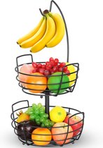 Metalen fruitstandaard met bananenhaak voor op het werkblad - Keukendecoratie met 2 verdiepingen zwart Fruit Basket