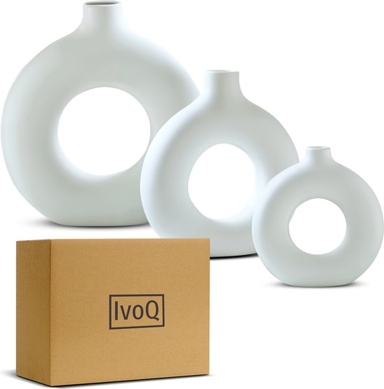 IvoQ Set van 3 Donut Vazen - Wit - Keramiek - Stijlvol & Tijdloos - Voor Woonkamer, Slaapkamer & Kantoor