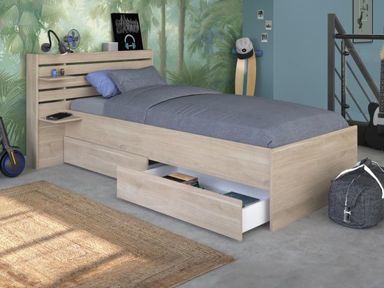Bed met opbergruimte – 90 x 200 cm – Kleur: houteffect – Met bedbodem – TENALIA L 121.5 cm x H 88.6 cm x D 216.8 cm