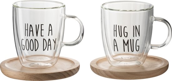 J-Line tasse + sous-tasse Texte - verre/bois - transparentnoir - 2 pièces