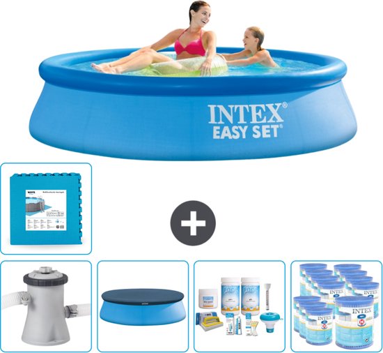 Piscine Opblaasbaar Ronde Intex Easy Set - 244 x 61 cm - Blauw - Avec Couvercle de Pompe - Forfait Entretien - Filtres - Carrelages de sol