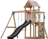 AXI Moos Aire de jeux avec balançoire double et échelle en corde marron - toboggan gris - bac à sable et mur d'escalade - télescope et guidon - bois FSC – Maisonnette de jardin