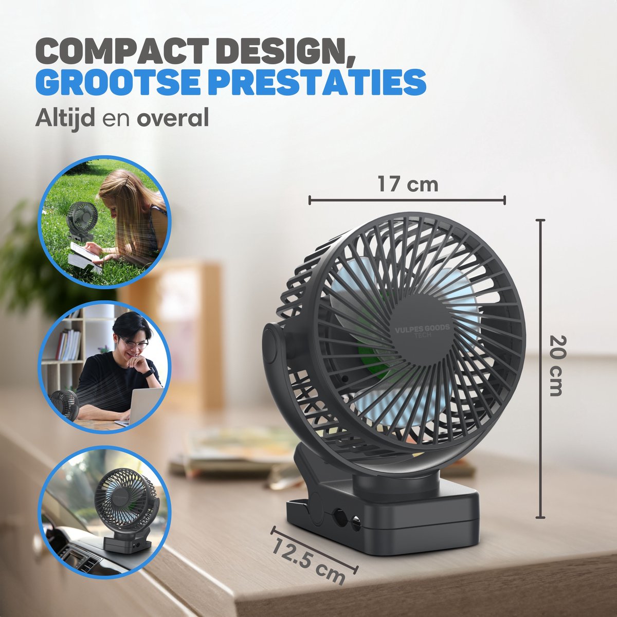 Vulpes Goods® Tech - Mini USB Ventilator PRO - Oplaadbare Tafelventilator - Stille Mini Fan met Afstandsbediening - Handventilator - Klein, Stil & Geruisloos - 3 Snelheden & Verlichting - 12000 mAh & Powerbank functie - Premium Zwart — afbeelding 13