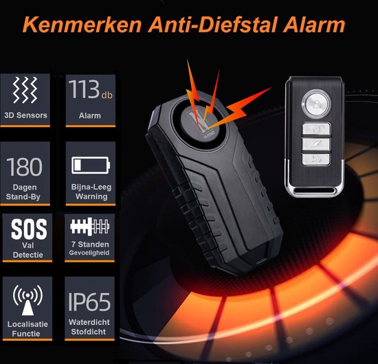 Zwart anti-diefstal alarm met 3D sensoren, 113 db alarm, 180 dagen stand-by, bijna lege batterij waarschuwing, SOS val detectie en IP65 waterdichtheid.