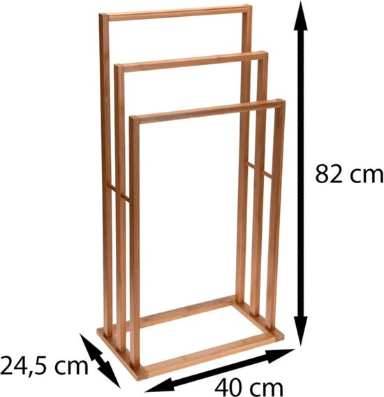 Bruin bamboe handdoekenrek met 3 stangen, 40x24,5x82 cm.