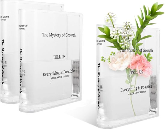 Set van 3 boekenvazen, 25 x 6,5 x 6,5 cm, transparante tulpenvaas, acryl boekenvaas, heldere boekenbloemenvaas voor bloemen, boekvormige vaas van acryl, boekenplankdecoratie voor bloemen