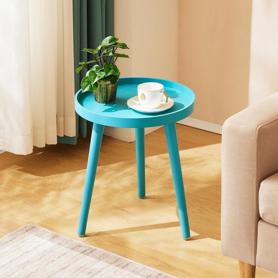 Ronde bijzettafel, kleine tafel, 38 x 45 cm, woonkamertafel, nachtkastje met poten van massief hout, Scandinavische stijl, kleine salontafel hout voor slaapkamer, balkon, blauw
