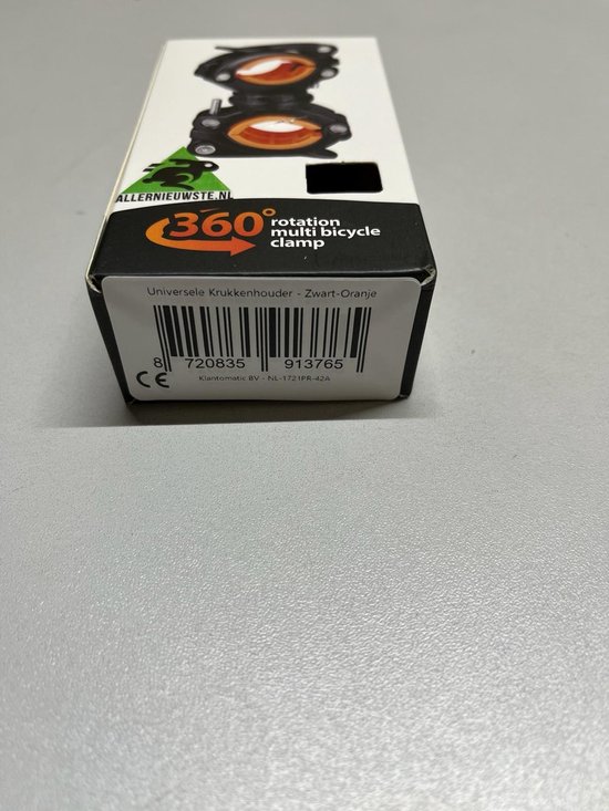 Verpakking met universele krukkenhouder, zwart-oranje, met "360 rotation multi bicycle clamp" tekst.