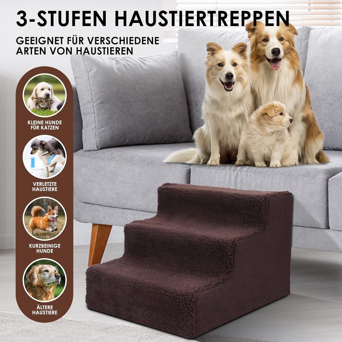 hondentrap voor bed, bank, schuim met hoge dichtheid, wasbaar, huisdiertrap voor honden en katten,