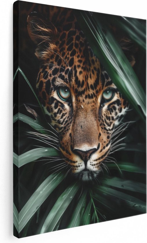 Artaza Canvas Schilderij De Jaguar Verstopt Zich in de Bladeren - 90x120 - Wanddecoratie - Foto Op Canvas - Canvas Print