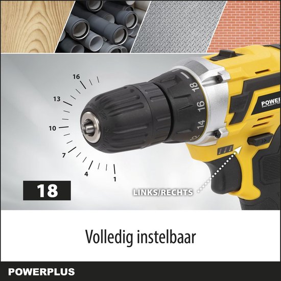 Powerplus POWX00830 Perceuse sans fil - Perceuse à vis - Batterie de perceuse - Visseuse sans fil - 20V - Incl. 2 batteries Li-ion 20V, chargeur et mallette à outils 134 pièces avec embouts de tournevis - Pour le bois, la pierre et le métal