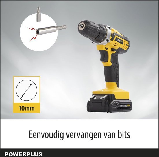 Powerplus POWX00501 Perceuse sans fil - Perceuse à vis - Batterie de perceuse - Visseuse sans fil - 20V - Incl. 3 batteries Li-ion 20 V, chargeur et mallette à outils 12 pièces avec embouts de tournevis - Pour le bois, la pierre et le métal