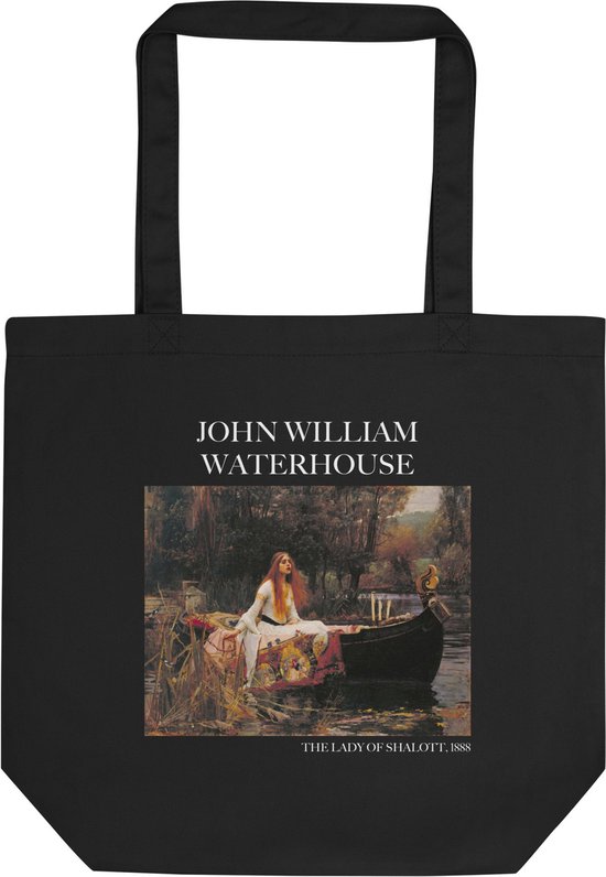 John William Waterhouse 'De dame van Shalott' ("The Lady of Shalott") Beroemde Schilderij Tote Bag | 100% Katoenen Tas | Kunst Tote Bag | Zwart