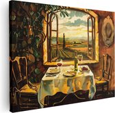 Artaza Canvas Schilderij Kunstwerk van een Tafel met Wijn en Uitzicht op Toscane - 120x90 - Wanddecoratie - Foto Op Canvas - Canvas Print
