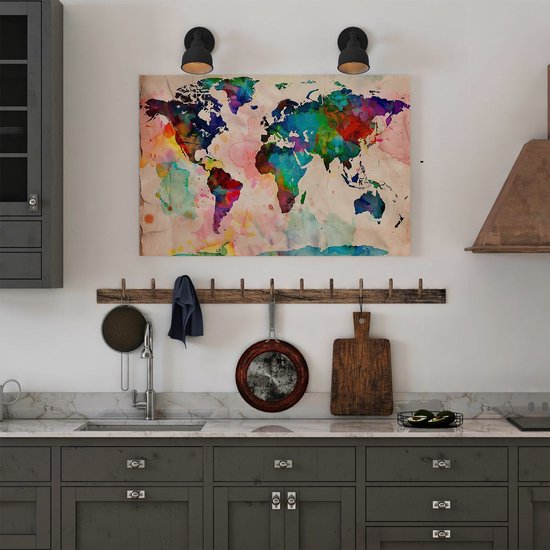 Artaza Peinture sur toile Wereldkaart aquarelle sur un morceau de Papier - 60x40 - Décoration murale - Photo sur toile - Impression sur toile