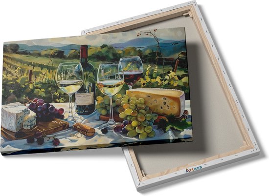 Artaza Peinture sur toile représentant du Vin, du fromage et des raisins sur une table – 120 x 80 – Groot – Photo sur toile – Impression sur toile