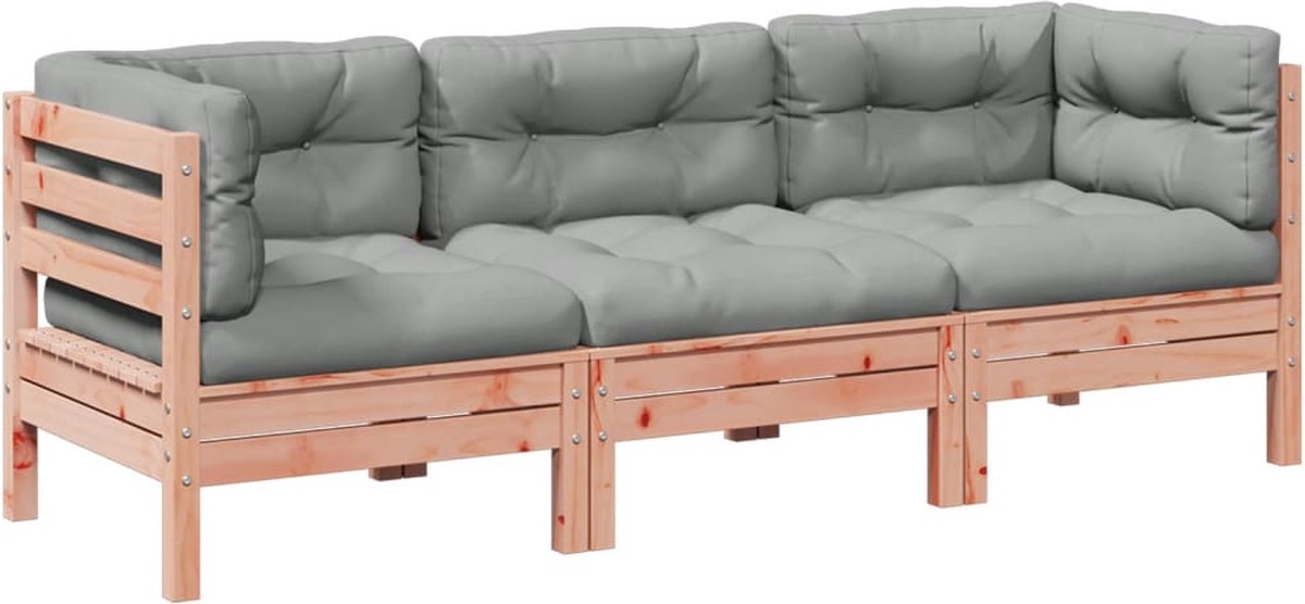 vidaXL 3-delige - Loungeset - met - kussens - massief - douglas - vurenhout grijs