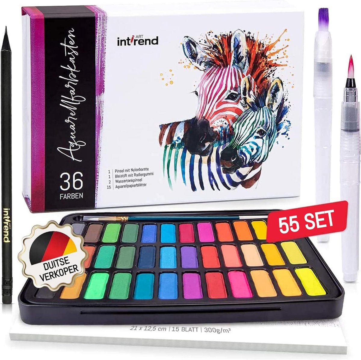 Int!rend Aquarelverfbox set van 55 hoogwaardige aquarelverfset bestaande uit 36 ​​aquarellen 1 penseel 2 watertankborstels 15 aquarelpapier 1 potlood verfdoos voor beginners en professionals Klik om de uitgebreide weergave te openen vei