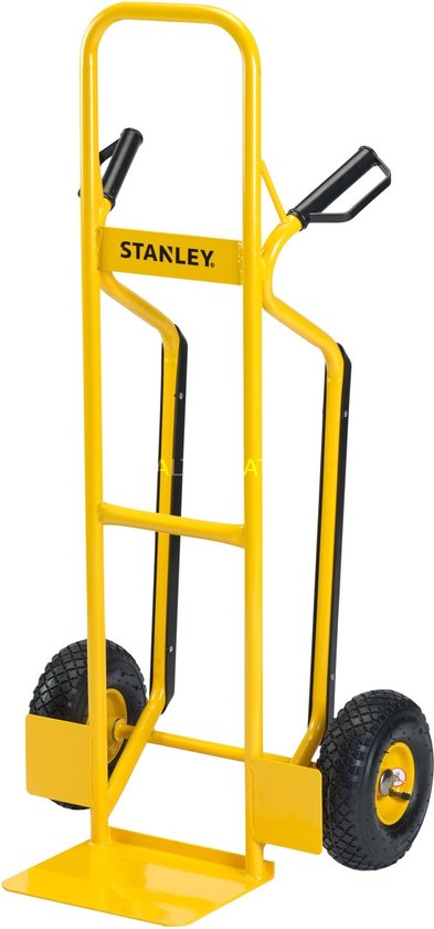 Gele steekwagen met zwarte handgrepen en twee wielen, merk 'Stanley' op de buis.