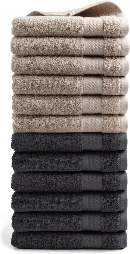 DoubleDry Handdoeken 50 x 100 - set van 12 - Hotel kwaliteit 500 g/m2 - 6x BeigeTaupe & 6x Antraciet