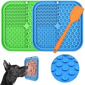 Likmatten Voor Honden, Langzame Voerlikmat met Zuignap (Blauwe Hondenlikmat + Groene Kattenlikmat + Oranje Spatel) Voor Verzorgen en Hondentraining (Antislip, Voedingskwaliteit Siliconen)