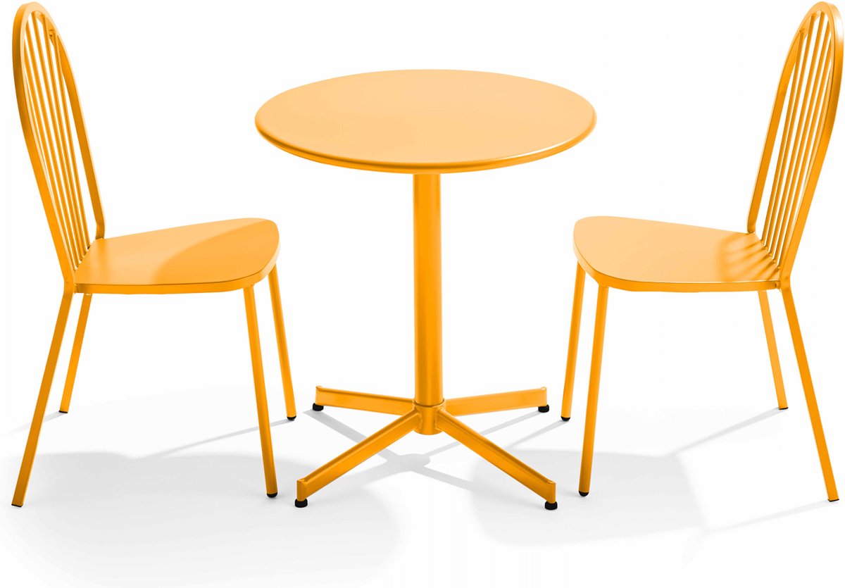 Gele metalen ronde tafel en 2 bistro tuinstoelen van Oviala - Palavas.