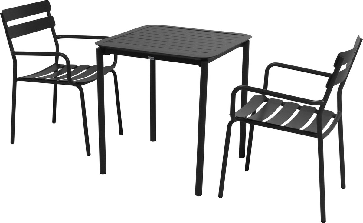 Oviala - Vierkante terrastafel (70 x 70cm) en 2 zwarte fauteuils - Almada