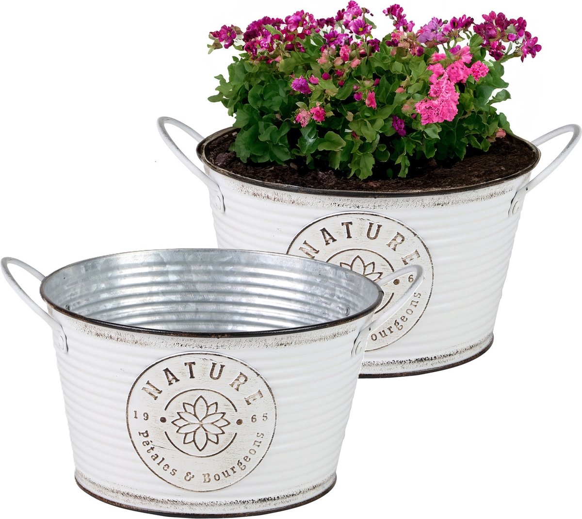 Goedkoopste Sunnydays Teil/plantenpot/bloempot - 2x - zink - rond - ivoorwit - D22 x H12 cm