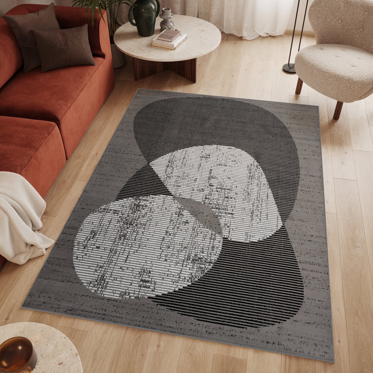 Tapiso Luxury Vloerkleed Grijs Laagpolig Woonkamer Abstract Slaapkamer Tapijt Maat- 140x200 Grijs Cirkels