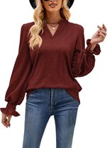 ASTRADAVI Casual Chic - Jacquard Dames V-Hals Blouse - Stijlvolle Top met Geplooide Mouwen - Wijnrood / X-Large