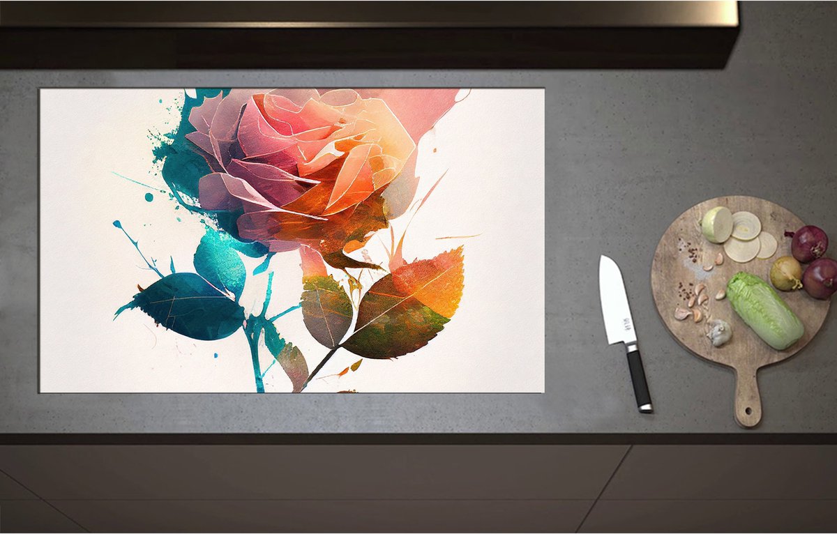 Inductieplaat Beschermer - Abstracte Roos van Verschillende Kleuren op Witte Achtergrond - 90x55 cm - 2 mm Dik - Inductie Beschermer - Bescherming Inductiekookplaat - Kookplaat Beschermer van Wit Vinyl