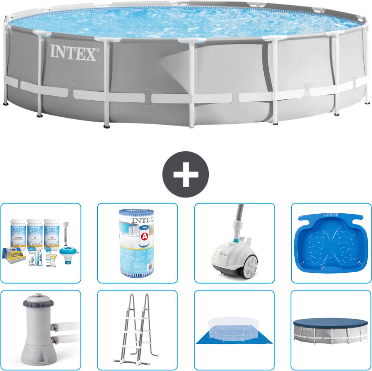 Intex Rond Prism Frame Zwembad - 427 x 107 cm - Grijs - Inclusief Pomp - Ladder - Grondzeil - Afdekzeil Onderhoudspakket - Filter - Stofzuiger - Voetenbad