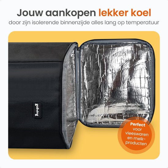 Open zwarte boodschappentrolley die de isolerende binnenzijde toont. Perfect voor vleeswaren en melkproducten.