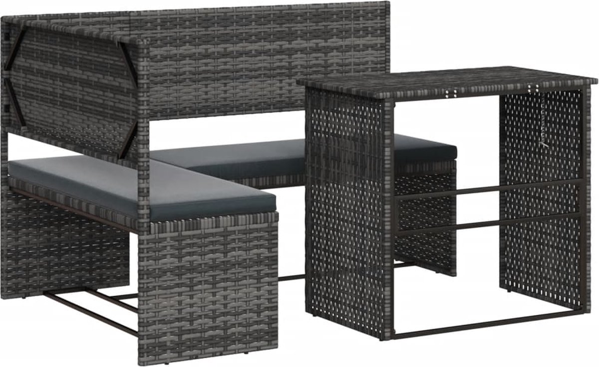 vidaXL - Tuinbank - met - tafel - en - kussens - L-vormig - poly - rattan - grijs
