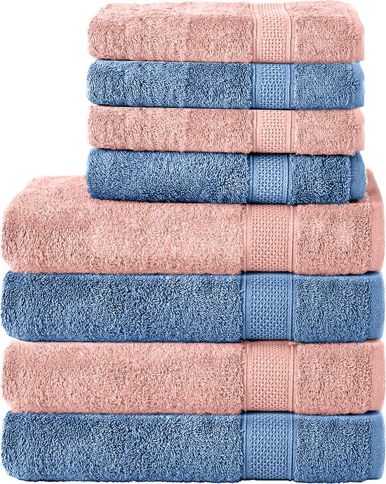 Ensemble de serviettes Komfortec - Set de 8 - 4x serviette 50x100 cm et 4x serviette de bain 70x140 cm - 100% Katoen - rose et bleu clair