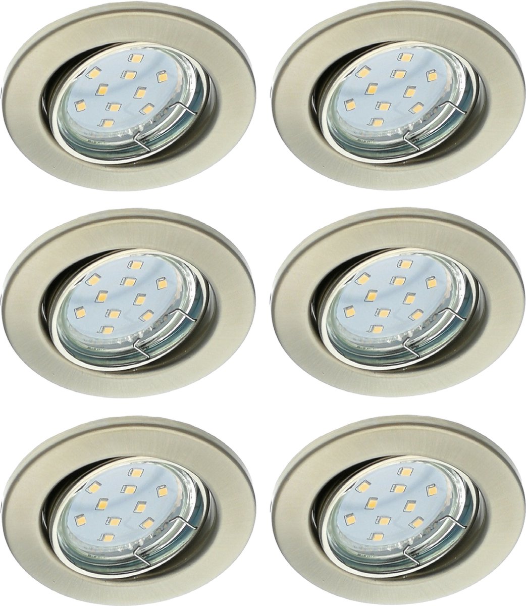 Trango Set van 6 inbouwspots 6729-062MOSD in RVS look Rond incl. 6x 5 Watt 3-traps dimbare Ultra Flat LED Module Bulb 3000K Warm Wit, Inbouwlamp, Plafondspot, Plafondlamp