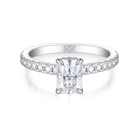 Astra - 18k Witgouden Radiant Moissanite Ring met Pavé Zijstenen & Hidden Halo - 1.2 karaat