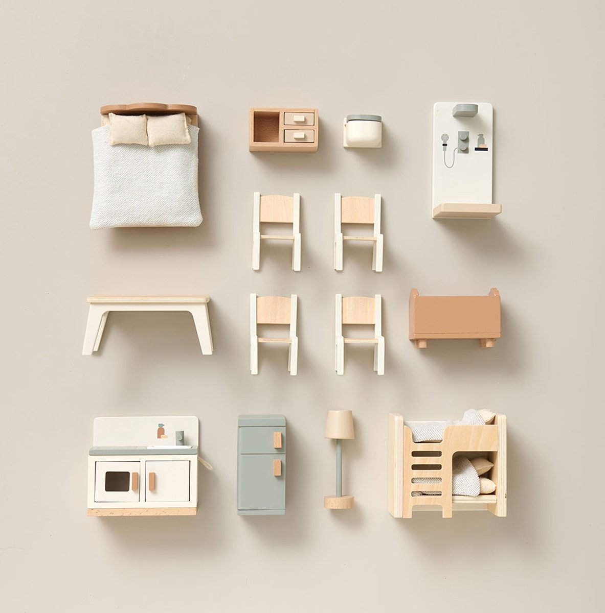 Petite Amélie Houten Poppenhuis Wit en Pastelblauw - H.81 cm - Incl. 14-delige Meubelset - Drie verdiepingen met illustraties - Toegang via trappen en magische lift — afbeelding 8