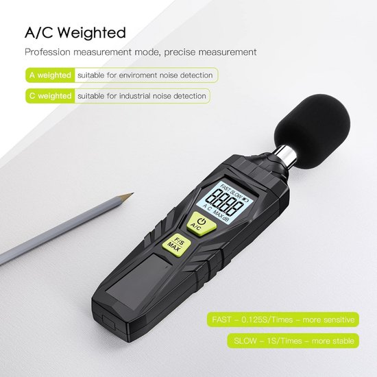 Mengshen Digitale geluidsniveaumeter, handheld geluidsmeter tester met LCD-scherm van 30-130dB (9V batterij inbegrepen