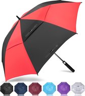 Grote winddichte paraplu, L golfparaplu met automatisch openen/sluiten voor mannen en vrouwen, reisparaplu met draagriem (zwart rood)