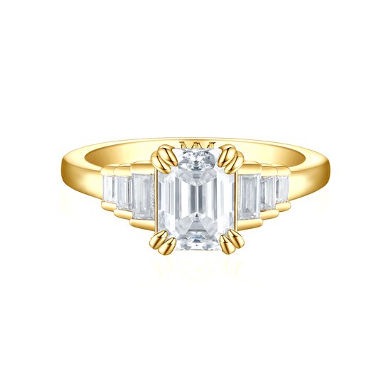 Rectanglo - 14k Geelgouden Smaragd Geslepen Moissanite Ring met Baguette Accenten - 0.6 karaat