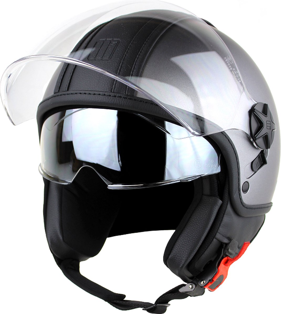 Motocubo - top cube - jethelm - dubbel vizier - mat grijs - zwart leer - maat XS - snorfiets, scooter en motorhelm - ECE 22.06