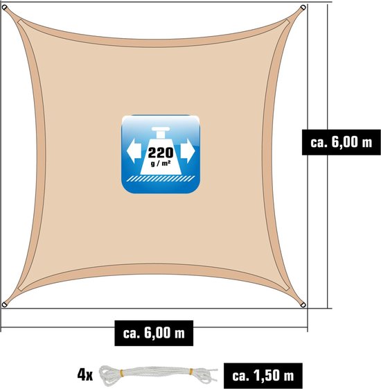 Afmetingen beige 6x6m zonnedoek, 220 g/m², inclusief 4 touwen van 1,50m.