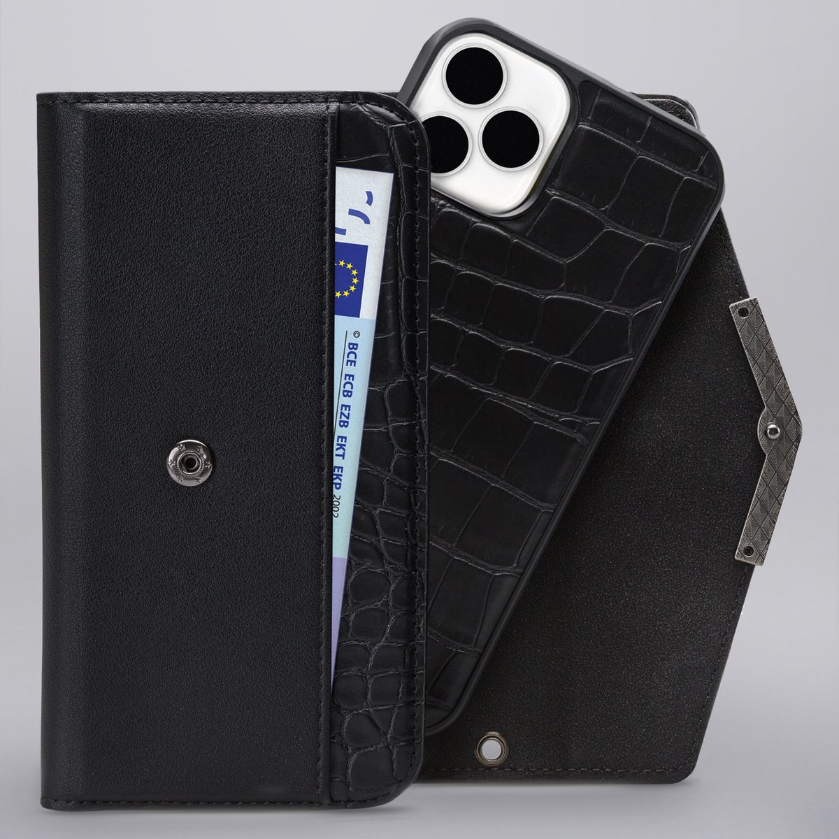 Mobilize Telefoonhoesje geschikt voor Apple iPhone SE (2022) Hoesje | Mobilize Elegant Magnet Uitneembare 2in1 Clutch | Pasjeshouder voor 3 Pasjes | Telefoonhoesje voor Pinpas / OV Kaart / Rijbewijs - Black Croco | Zwart — cadeau in Cadeau-ideeën - foto 5