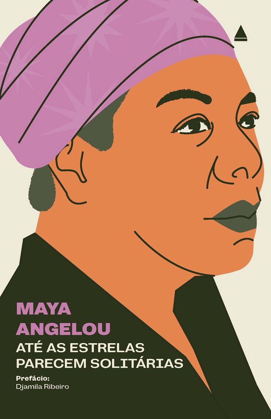 Cover van 'Até as estrelas parecem solitárias' met een illustratie van Maya Angelou met een paarse tulband en oranje gezicht.