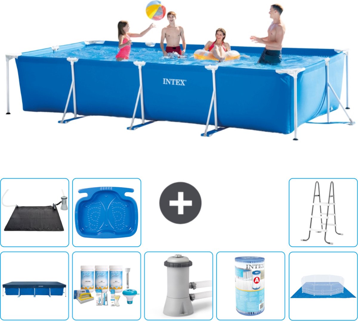 Intex Frame Pool Intex Rechthoekig Frame Zwembad 450 x 220 x 84 cm Blauw Inclusief Afdekzeil Onderhoudspakket Zwembadfilterpomp Filter Grondzeil Solar Mat Ladder Voetenbad